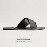 Nero | Flat leather sandal with debossed PLG three tree logo in sole, text reads "Sandals Roma 100% Veg Tan Leather"
