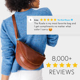 Model wearing Nutmeg Koala Sling Bag with review stating "The Koala is my most favorite bag and I get compliments no matter what color I carry" text that also states 8,000 five-star reviews