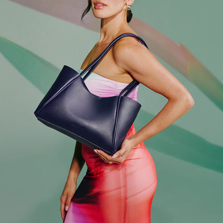 Cobalt*Medium | Wide tote with leather straps and snap closure