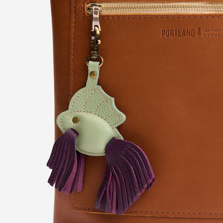 Pistachio | Leather betta fish shaped keychain with tassel fins and metal lobster clasp