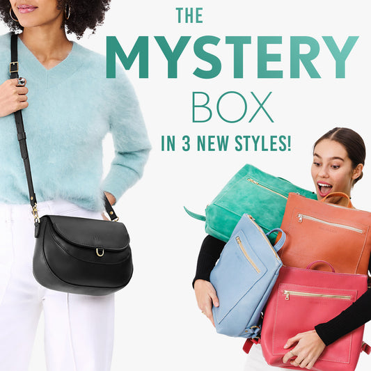 Model wearing a Monaco Crossbody Bag in Black and another model holding four different colored Tote Backpacks. Text reads "The Mystery Box, in 3 New Styles!"