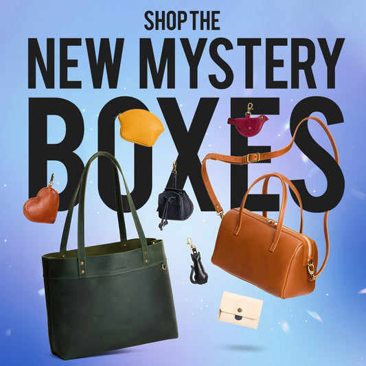Promotional graphic for a mystery box featuring multiple handbags and small accessories floating against a blue gradient background with large text reading 'SHOP THE NEW MYSTERY BOXES.' 