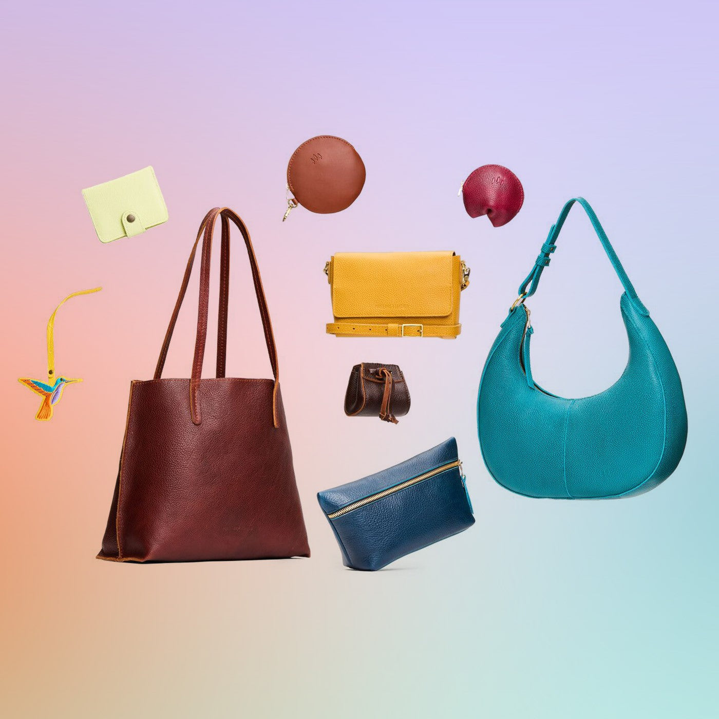 All Variants | a collection of three bags and six small goods on a gradient background
