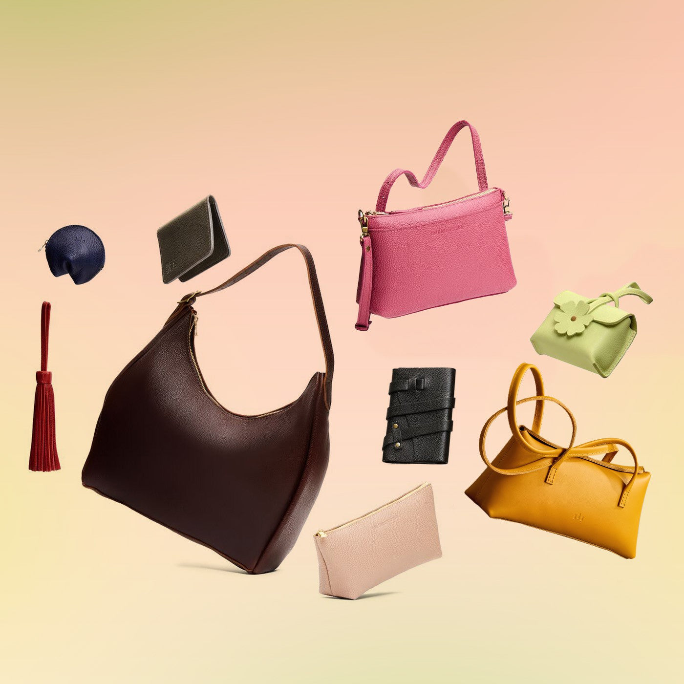 All Variants | Collection of three bags and six small goods on a gradient background