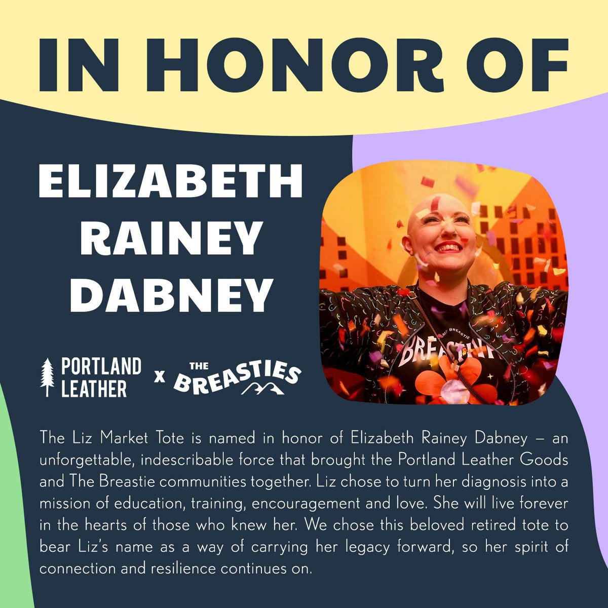 All Variants | Description of the Liz Market Tote in honor of Elizabeth Rainey Dabney with a pink background and text.