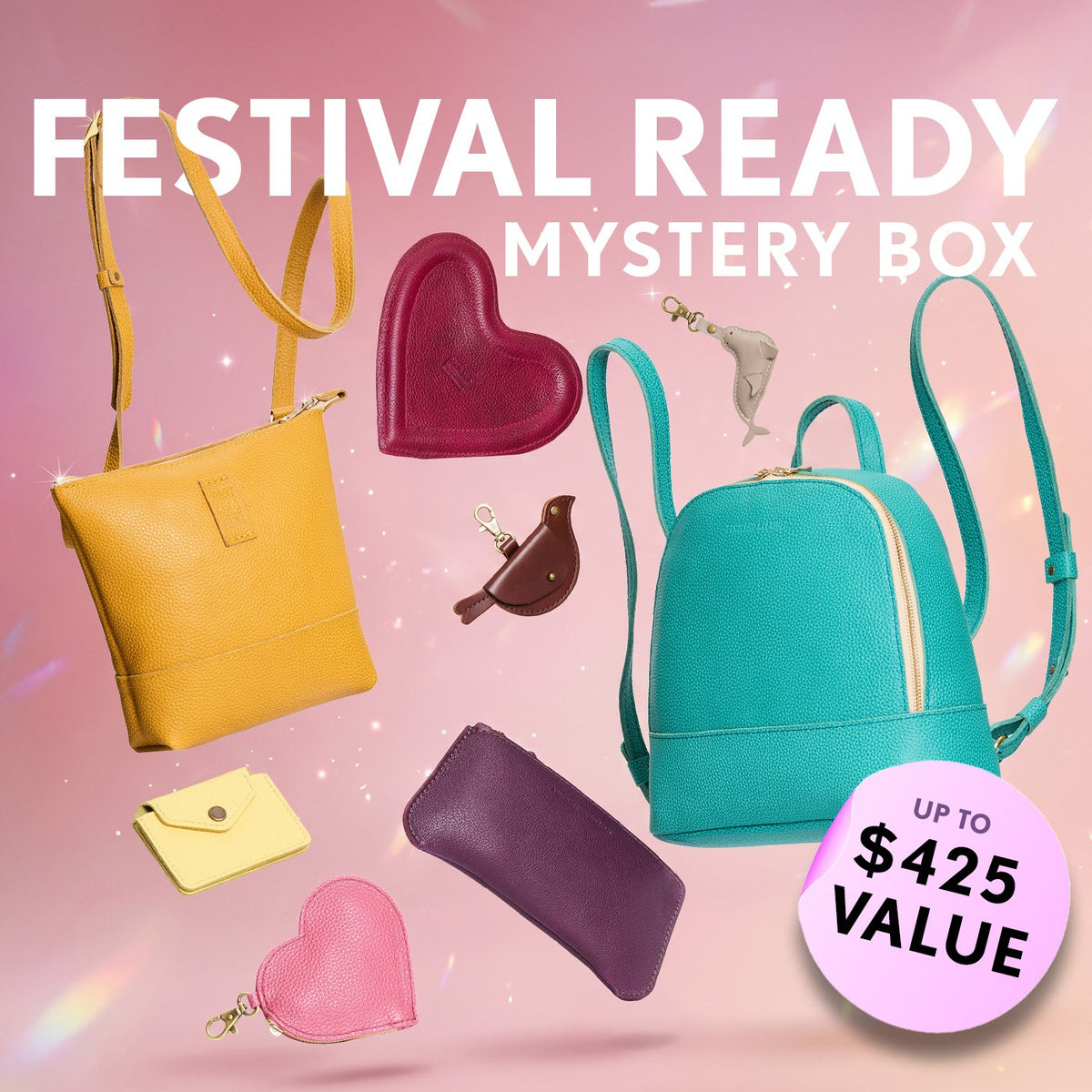 All Variants | A collection of bags and small goods. Text reads "Festival Ready Mystery Box"