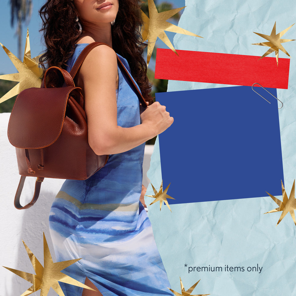 Woman in a blue dress holding a brown leather backpack and text overlay.