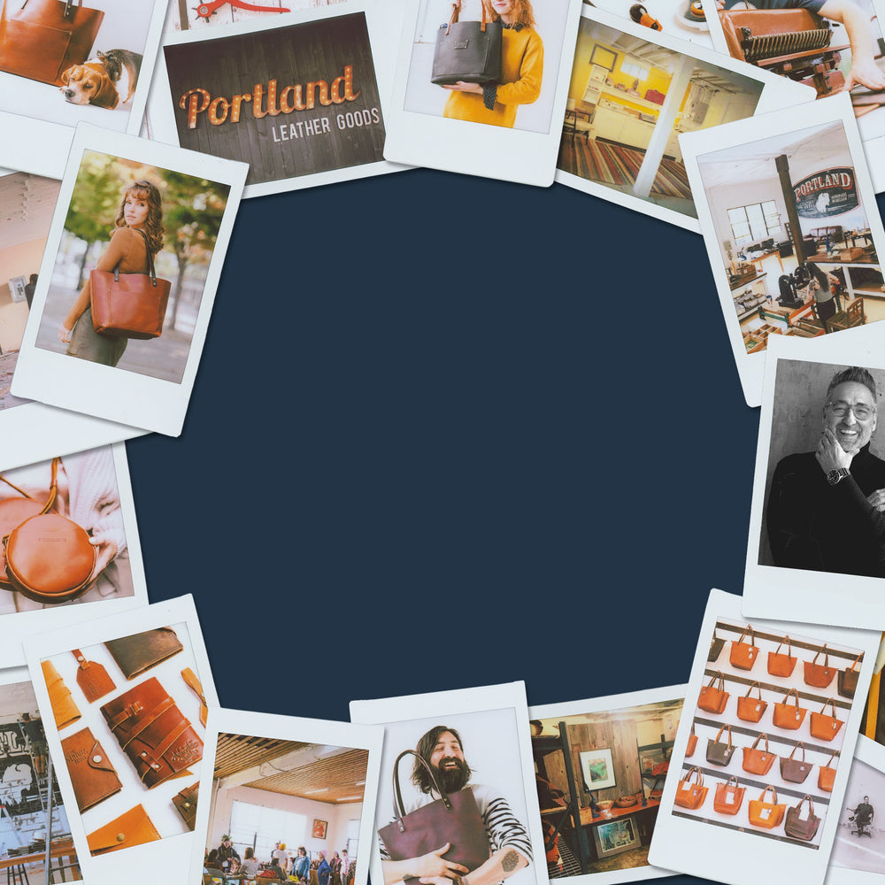 Collage of photos with 'Portland Leather Goods' branding and images of people and products.