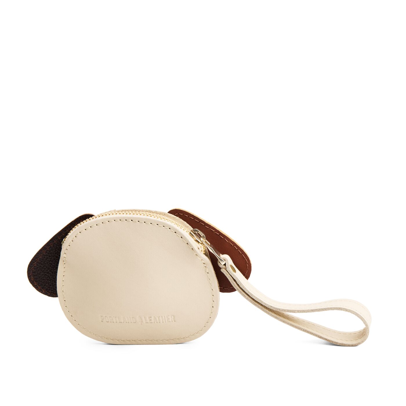Bone | A small dog-shaped leather pouch with embroidered facial details and a wrist strap.