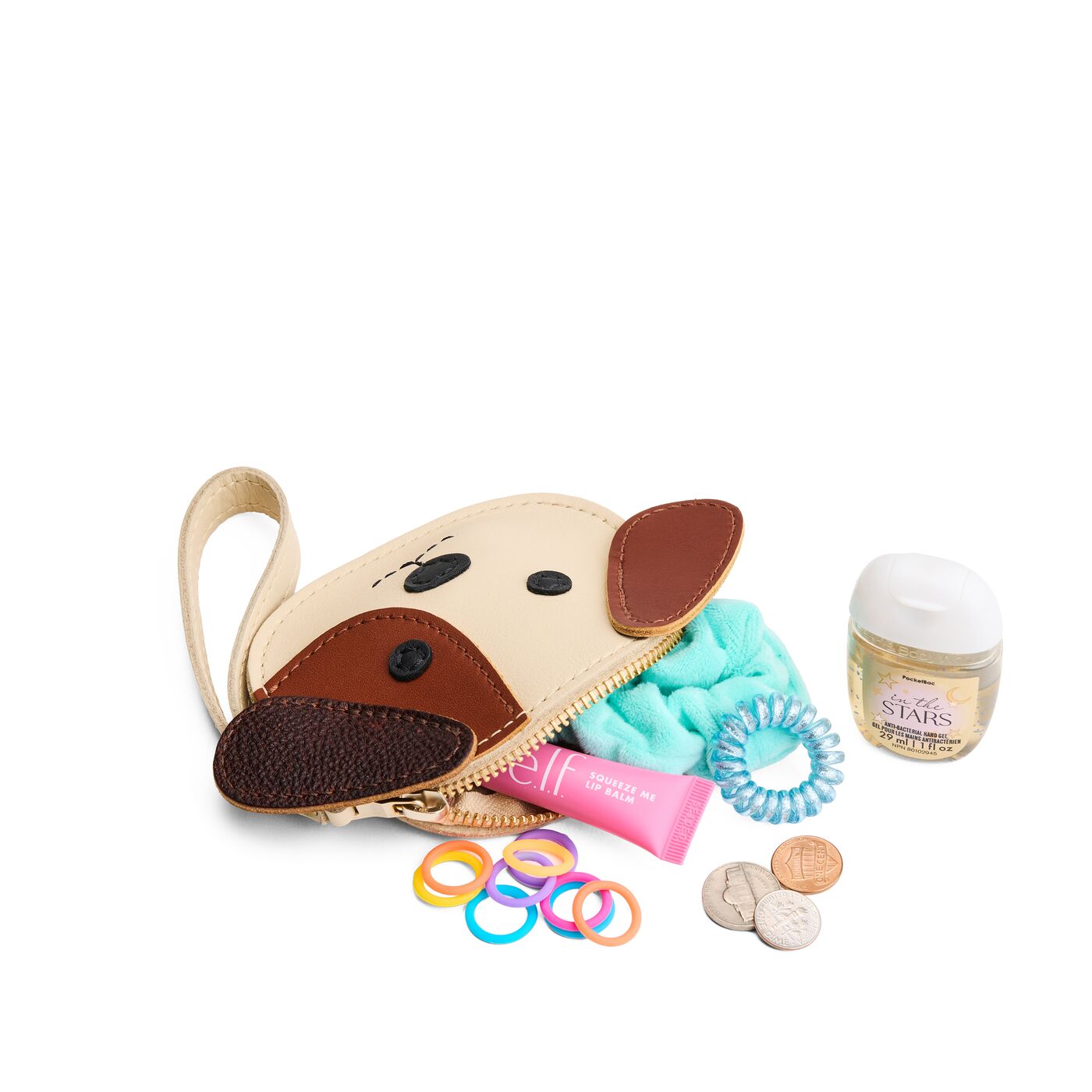 Bone | A small dog-shaped leather pouch with embroidered facial details and a wrist strap.