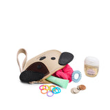 Oatmilk | A small dog-shaped leather pouch with embroidered facial details and a wrist strap.