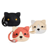 All Variants | Three small cat-shaped leather pouches with embroidered facial details and a wrist strap.