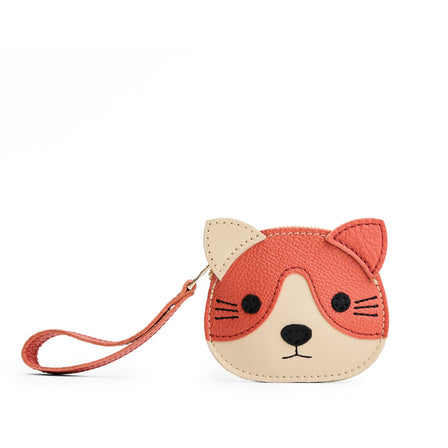 Bone | A small cat-shaped leather pouch with embroidered facial details and a wrist strap.