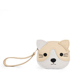 Pearl | A small cat-shaped leather pouch with embroidered facial details and a wrist strap.