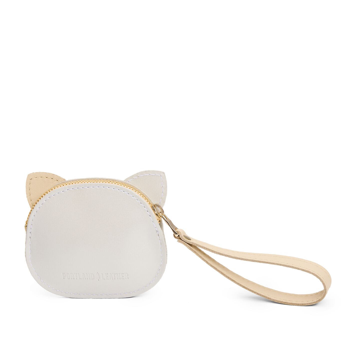 Pearl | A small cat-shaped leather pouch with embroidered facial details and a wrist strap.