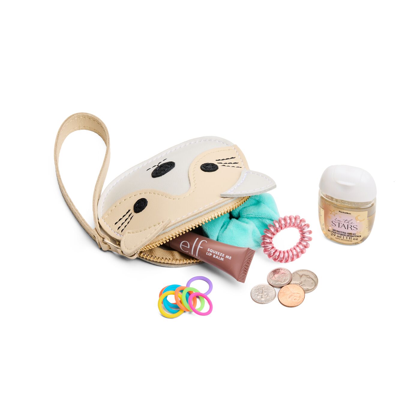 Pearl | A small cat-shaped leather pouch with embroidered facial details and a wrist strap.