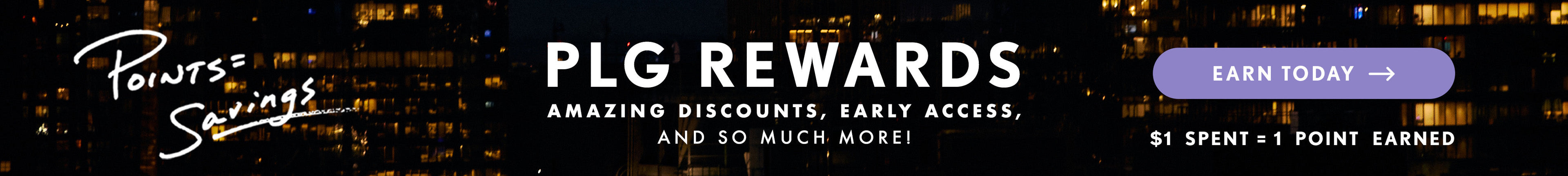 Promotional banner for PLG Rewards with text and a dark background