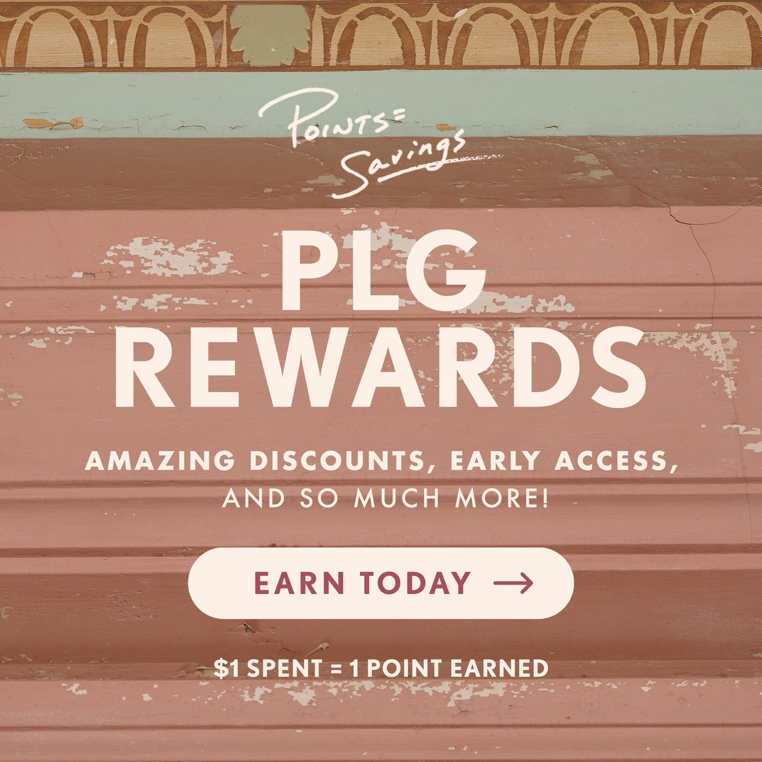 Advertisement for PLG Rewards program with 'Points of Savings' branding on a wooden background.