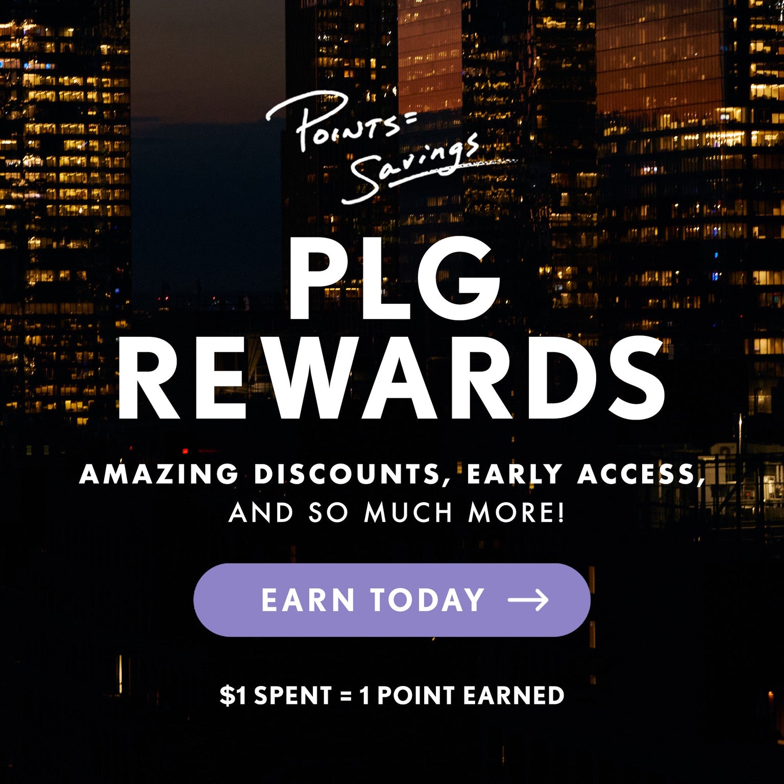 Advertisement for Points Savings PLG Rewards program with a cityscape background.