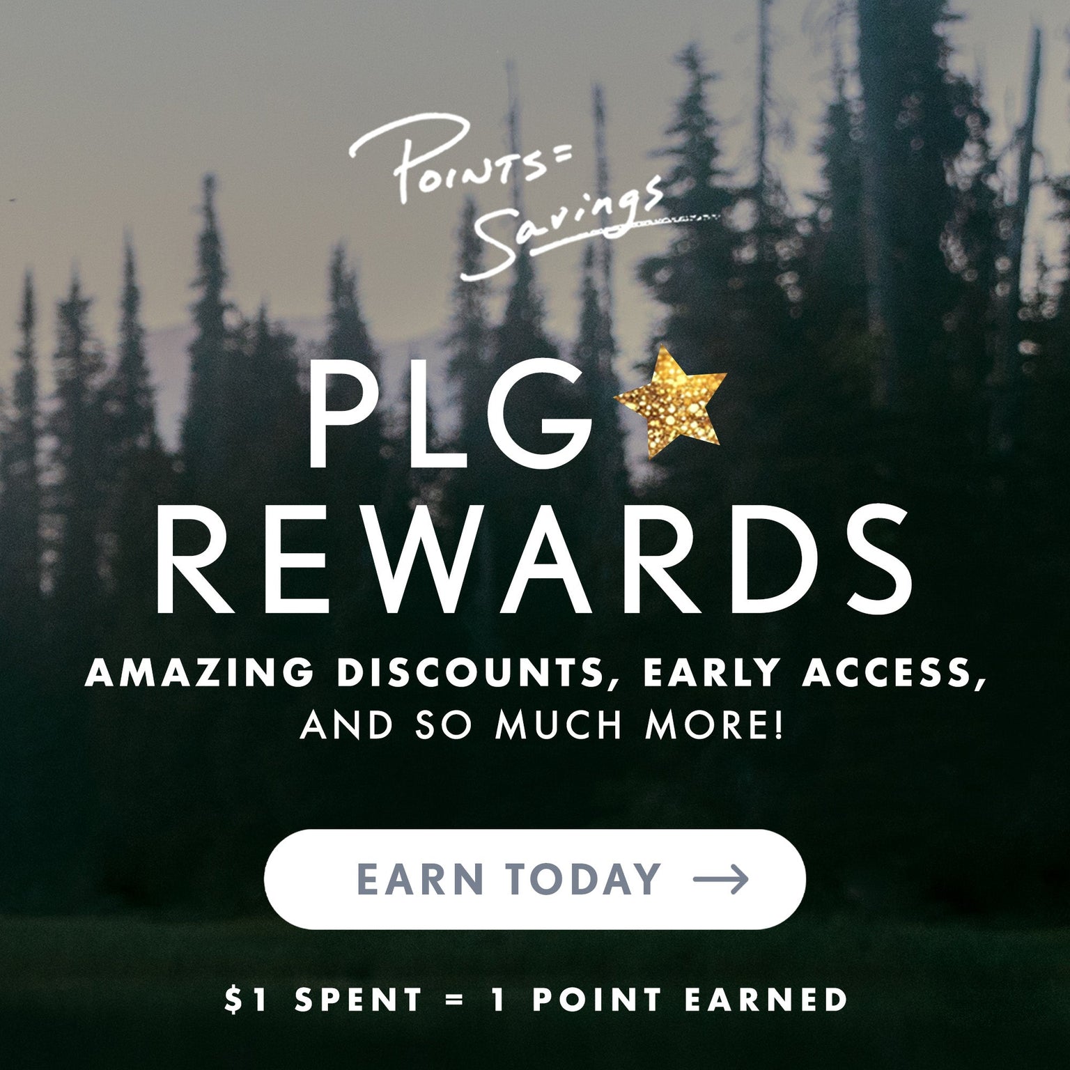 Advertisement for PLG Rewards with a forest background and 'Points = Savings'