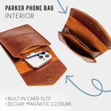 All Variants | infographic Brown leather phone bag with a built-in card slot and secure magnetic closure, featuring a smartphone inside