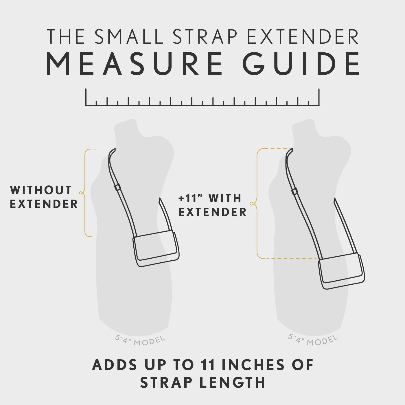 All Variants | Measure guide for small strap extender showing length increase with extender