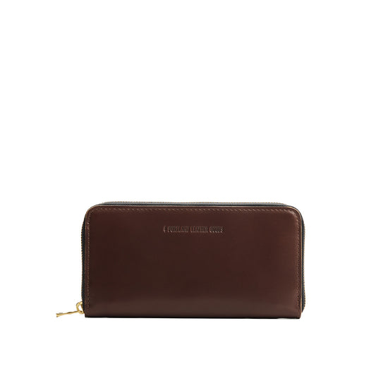 Chocolate Brown | Large accordion leather wallet with zipper and PLG logo