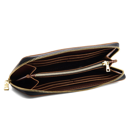 Chocolate Brown | Large accordion leather wallet with zipper and PLG logo