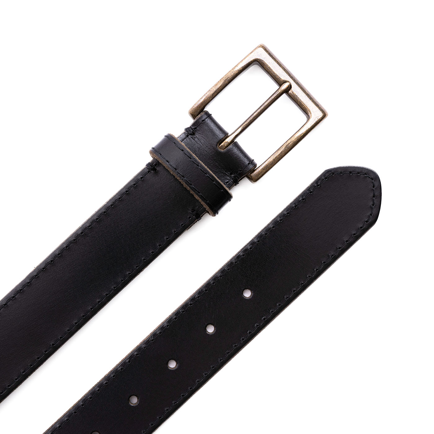 Jet Black | Mens stitched leather belt with antiqued brass buckle