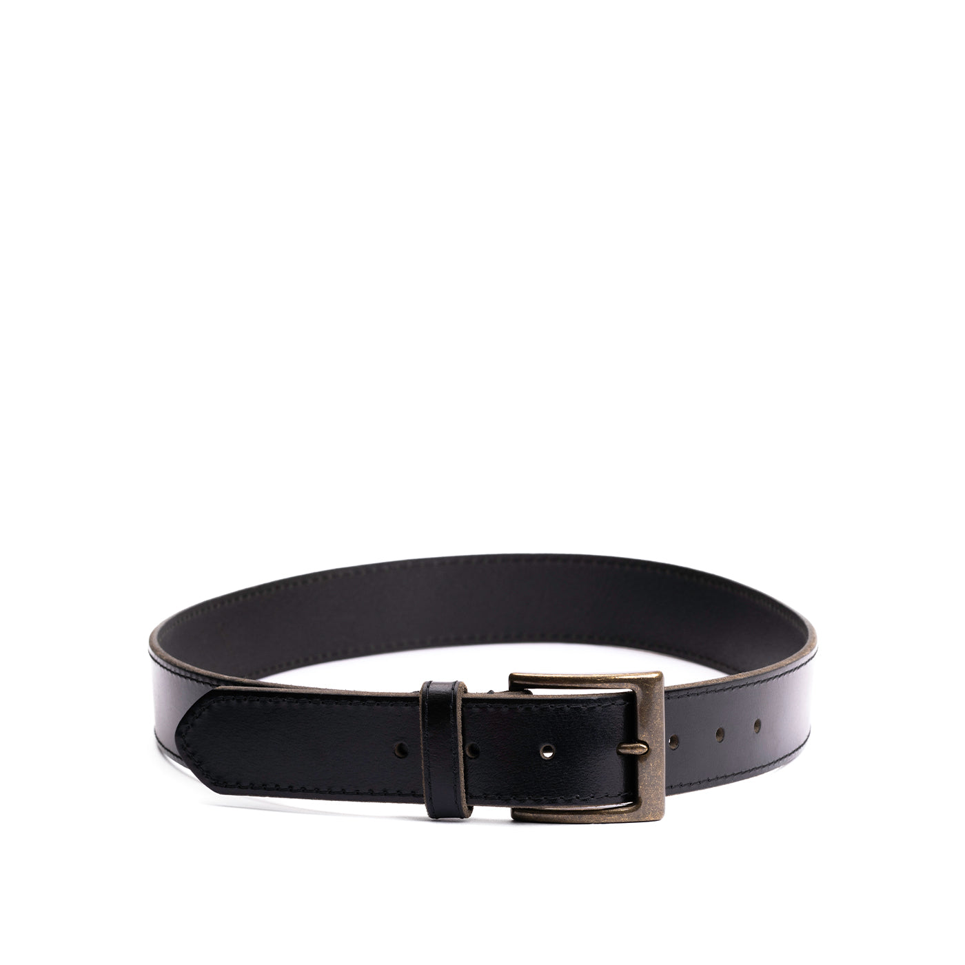 Jet Black | Mens stitched leather belt with antiqued brass buckle