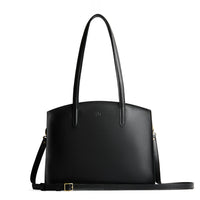 Black*Large | Leather tote bag with handles, adjustable crossbody strap, zipper top, and two back pockets
