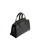 Black Medium | Leather tote bag with handles, adjustable crossbody strap, zipper top, and two back pockets