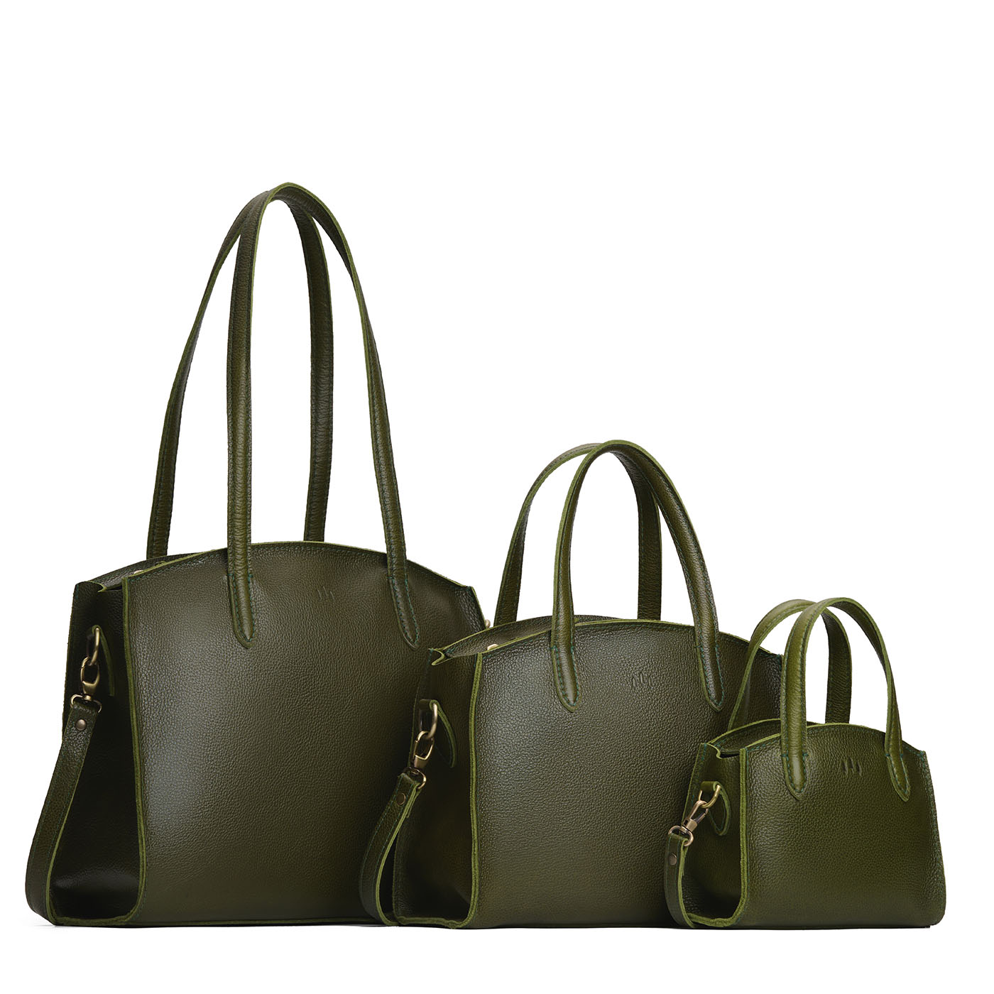 Pebbled Olive | Size comparison image of Mini, Medium, and Large-sized leather tote bags with handles, adjustable crossbody strap, zipper top, and back pockets