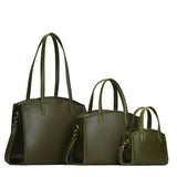 Pebbled Olive | Size comparison image of Mini, Medium, and Large-sized leather tote bags with handles, adjustable crossbody strap, zipper top, and back pockets