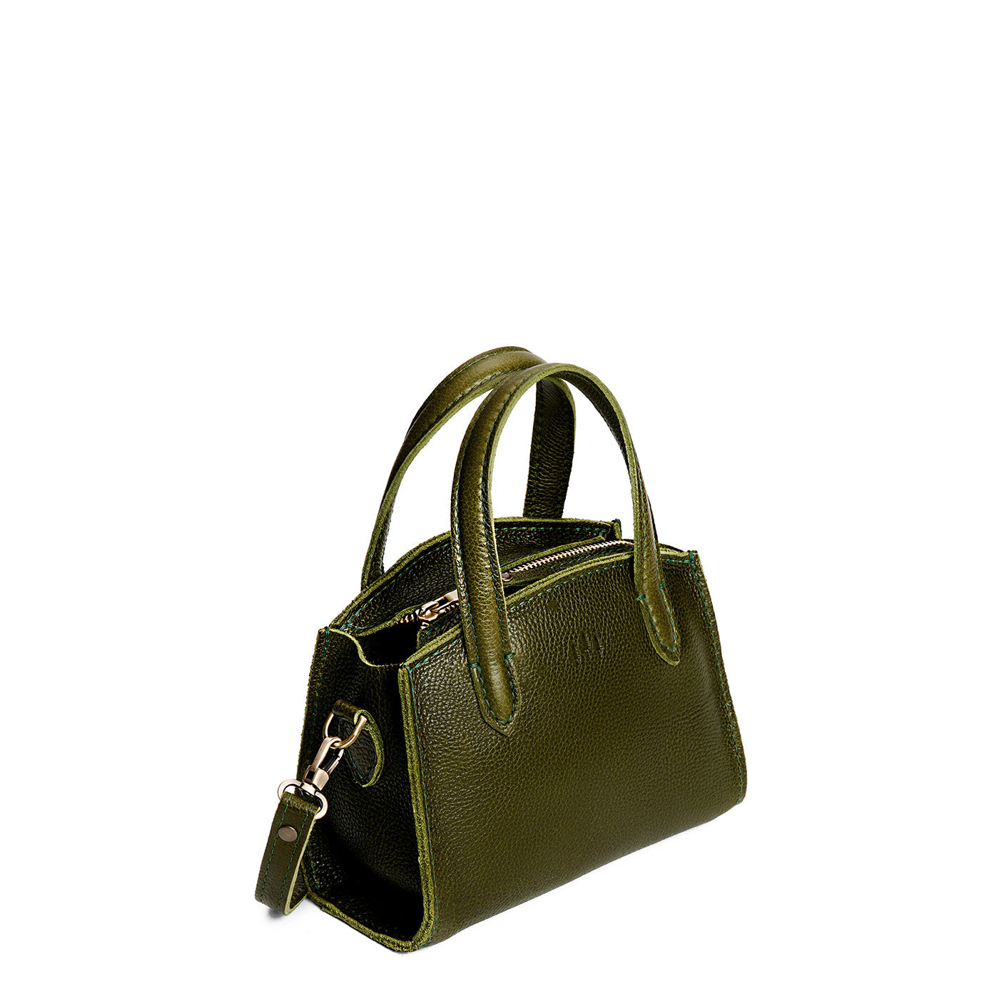 Pebbled Olive*Mini | Leather tote bag with handles, adjustable crossbody strap, zipper top, and a back pocket