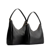 Pebbled--black | Size comparison image of large and medium u-shaped, flat-bottomed leather shoulder bags with adjustable strap