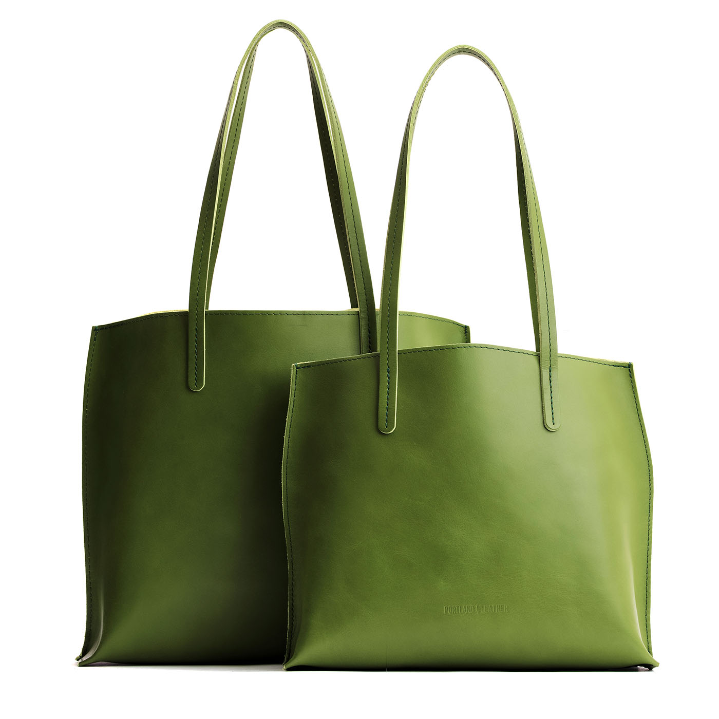 Green Apple | Side by side comparison of both sizes of leather totes