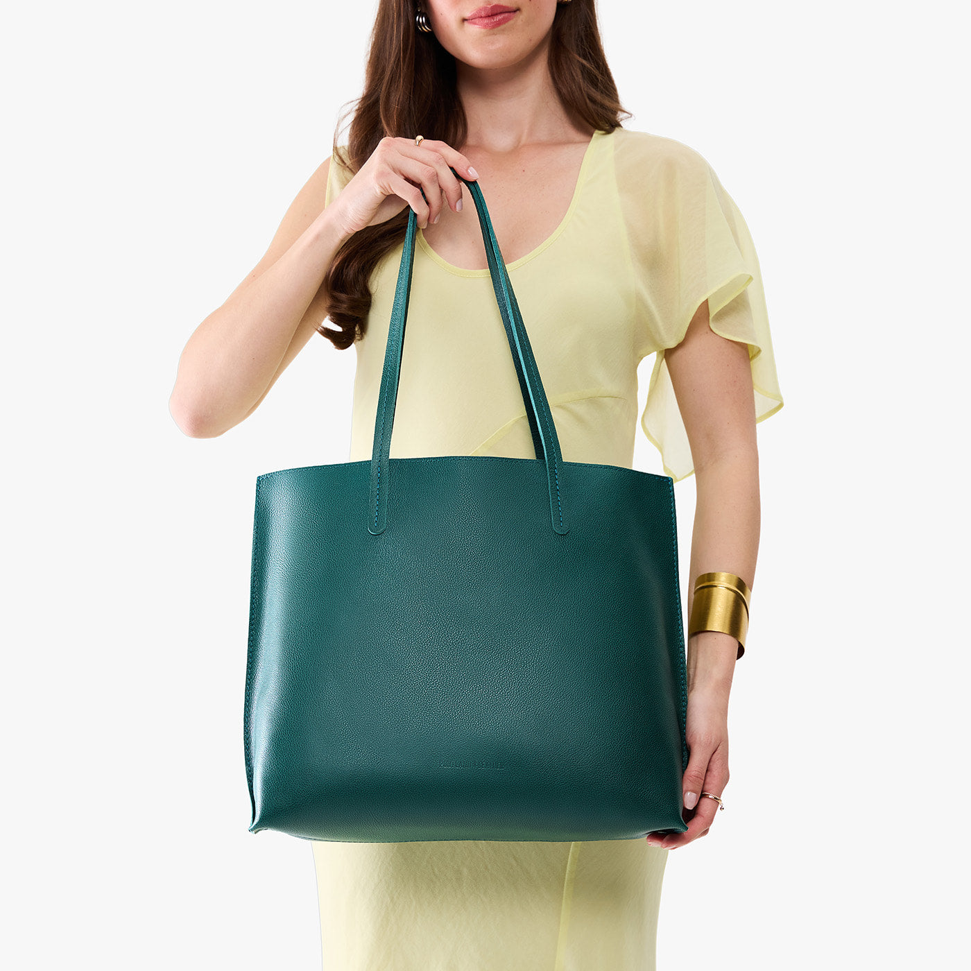 Sea Glass*Large | Model holding leather tote bag with matching leather handles