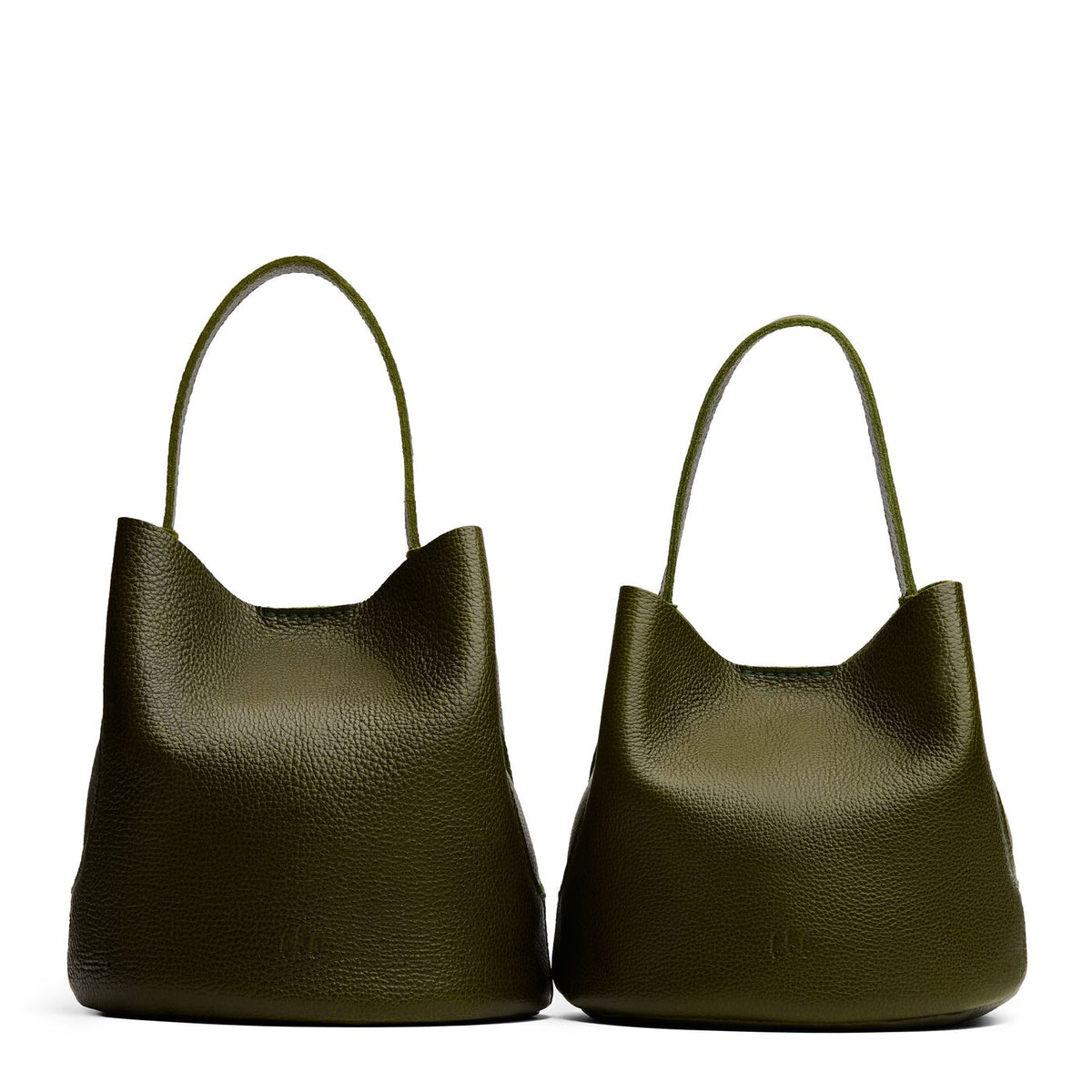 Pebbled Olive | Size comparison image of two symmetrical leather bucket bags