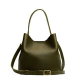 Pebbled Olive Small | Symmetrical bucket bag with handle, latch closure, and removable crossbody strap