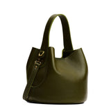 Pebbled Olive Small | Symmetrical bucket bag with handle, latch closure, and removable crossbody strap