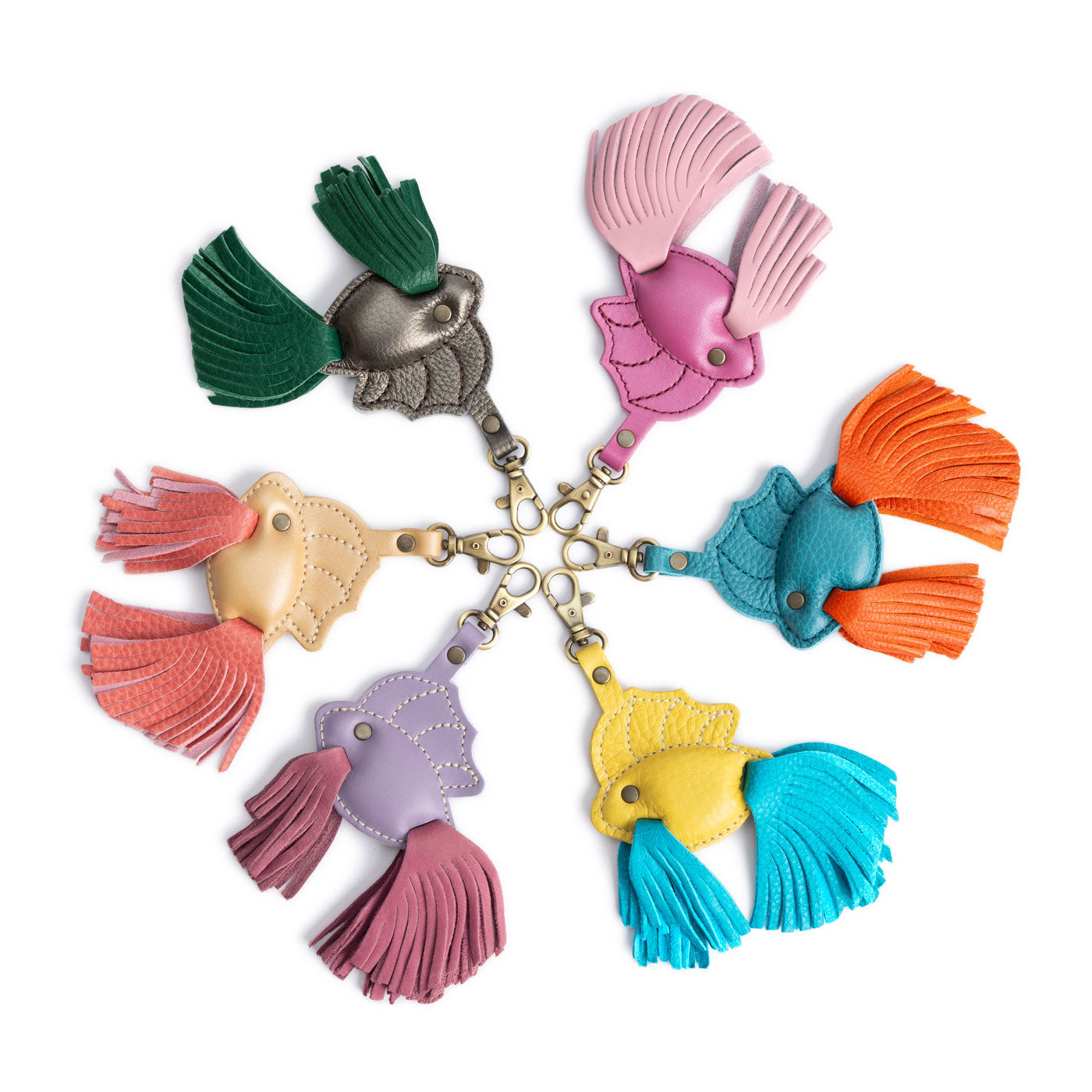 All Variants | Group shot of leather betta fish shaped keychains with tassel fins and metal lobster clasp