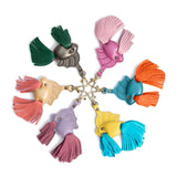 All Variants | Group shot of leather betta fish shaped keychains with tassel fins and metal lobster clasp