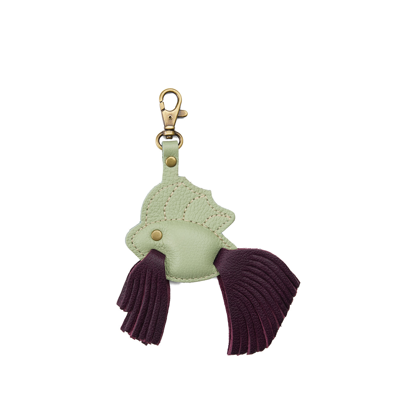 Pistachio | Leather betta fish shaped keychain with tassel fins and metal lobster clasp