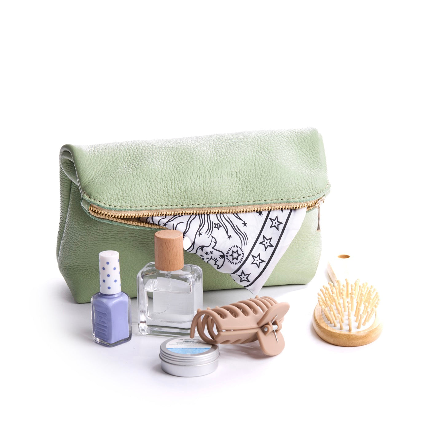 Pistachio | Closed folded zipper pouch with items