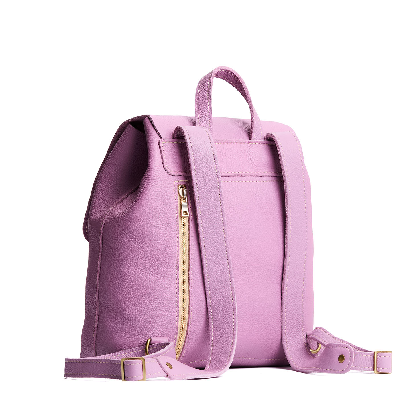 Calla Lily | Back of leather backpack showing rear zippered pocket on a white background