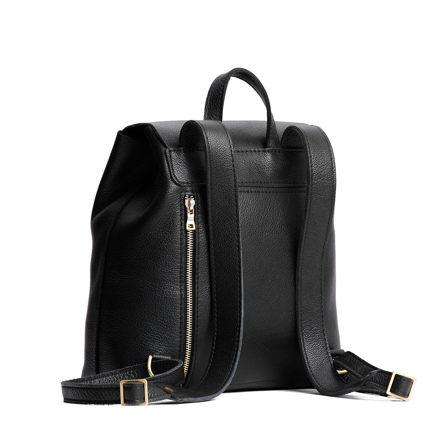 Pebbled--black | Leather backpack with magnetic flap closure on a white 