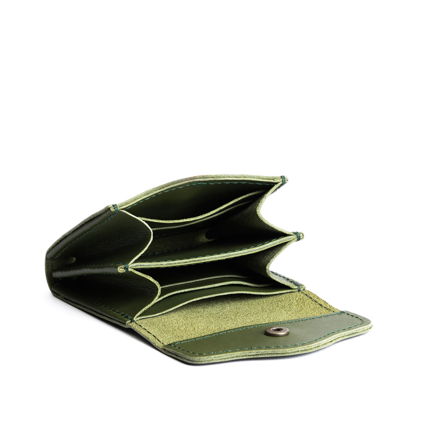 Pine | Compact leather wallet with snap closure and three trees debossed open