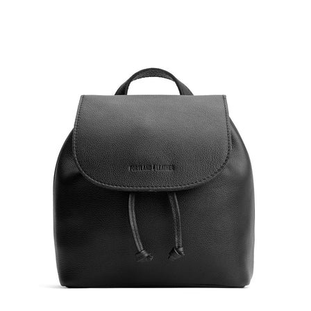 Pebbled--black | Drawstring bucket backpack with snap closure under flap