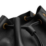 Pebbled--black | Close up of drawstring bucket backpack with grommets